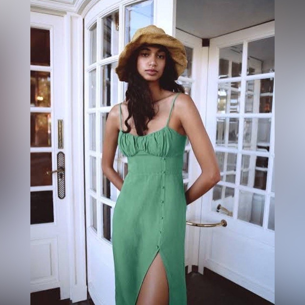 ZARA Strappy Button Down Slit Camisole Midi Dress Green